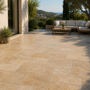 Terasa z prírodného mramoru Sunny vo francúzskom vzore 3 cm pri modernom rodinnom dome