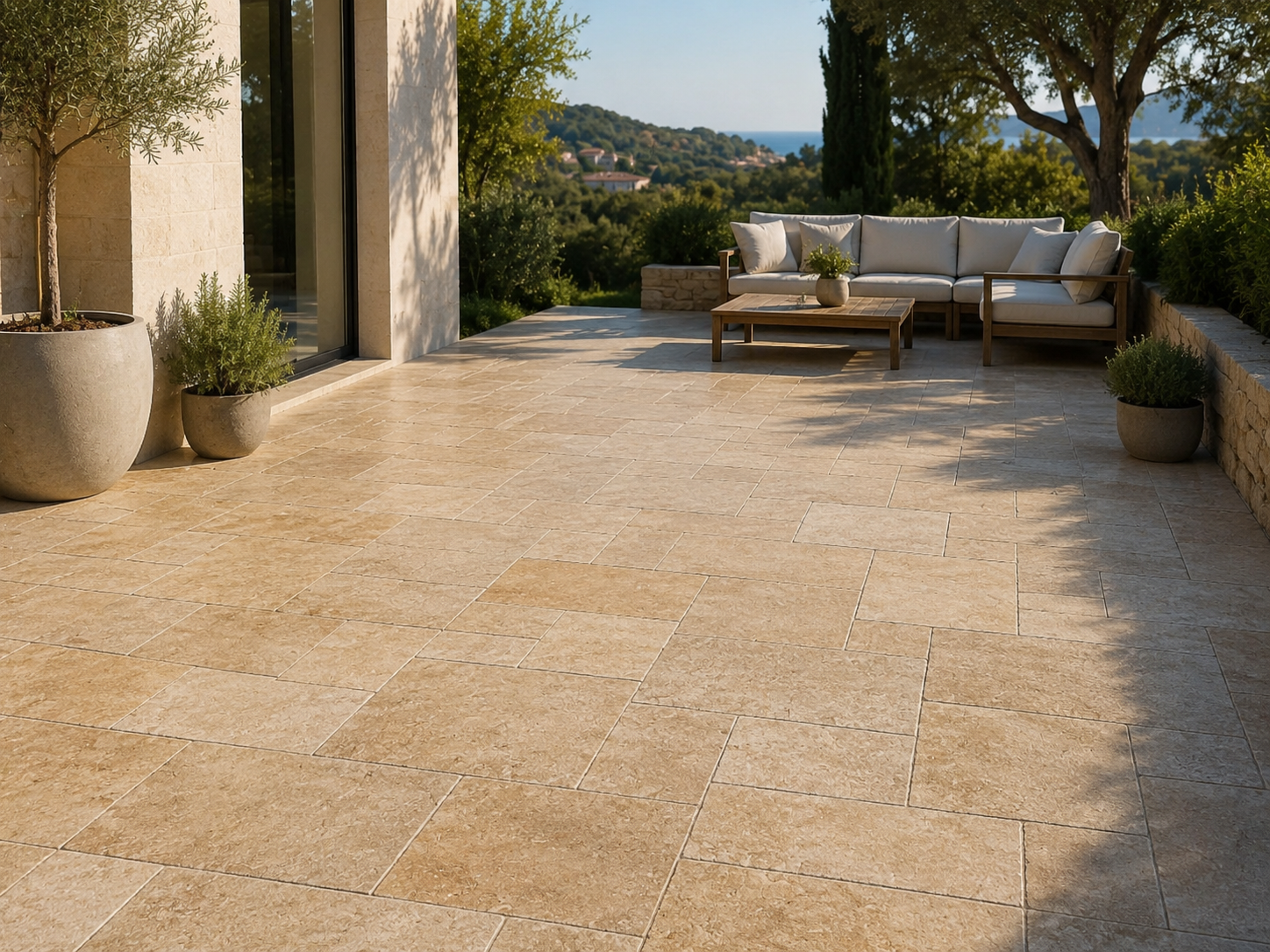 Terasa z prírodného mramoru Sunny vo francúzskom vzore 3 cm pri modernom rodinnom dome