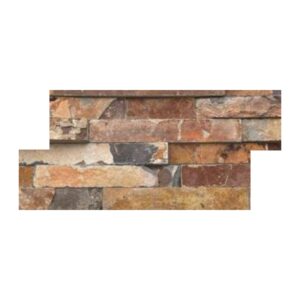 Obkladový panel z prírodného kameňa kvarcit Rusty so štiepaným 3D povrchom v hrdzavo-sivých odtieňoch.
